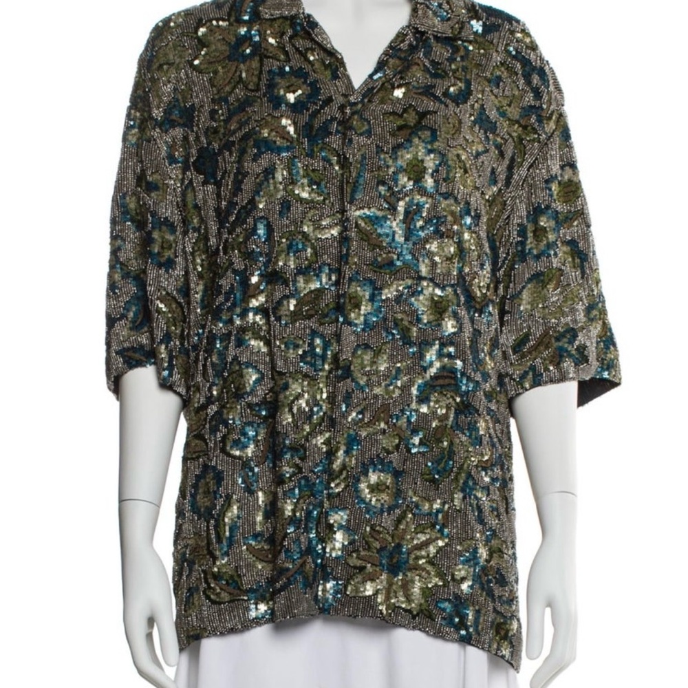 Burberry Sequined Floral Boxy Top in Teal and Olive